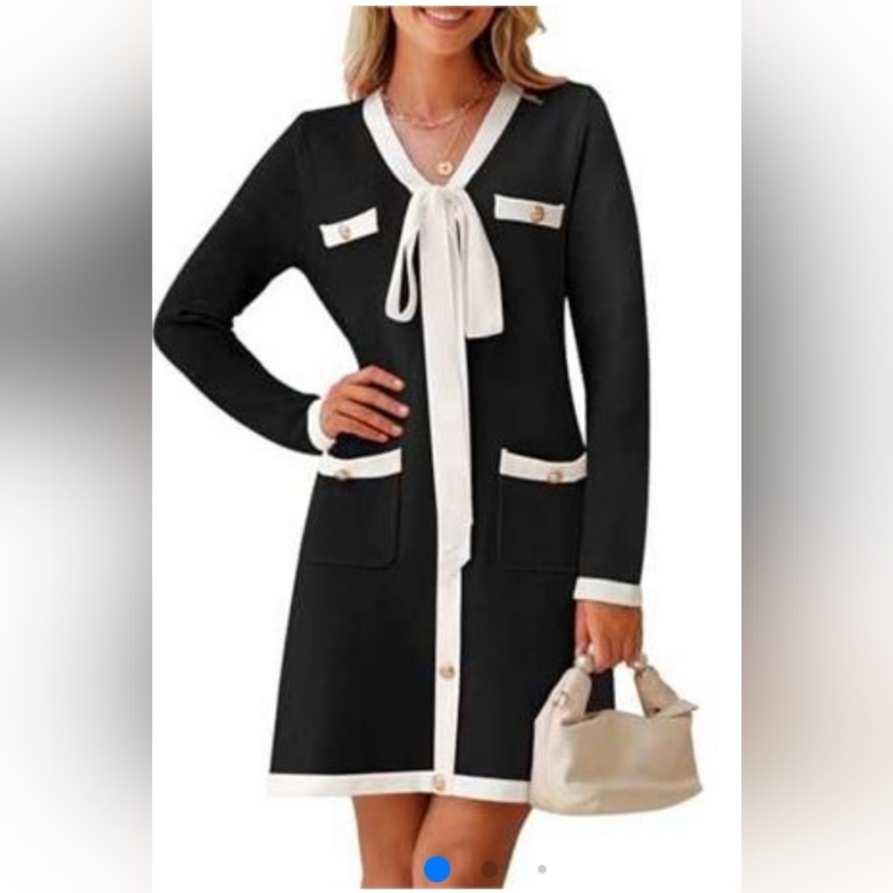 MEROKEETY Women's Long Sleeve Button DoElegant Black and White Long Sleeve Dress